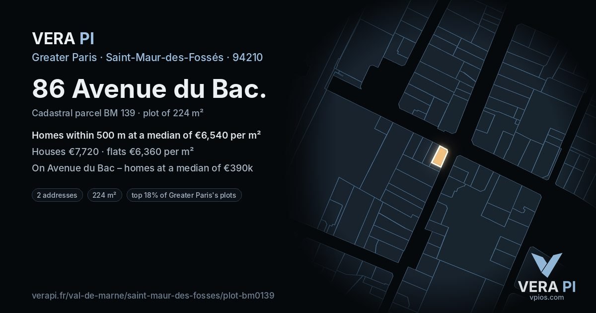 86 Avenue du Bac, Saint-Maur-des-Fossés at night – the plot lit, the parcels around coloured by the prices near them