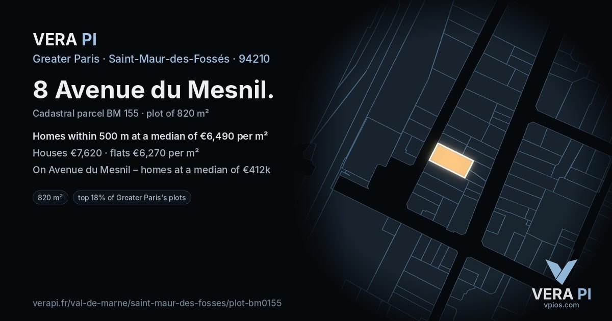 8 Avenue du Mesnil, Saint-Maur-des-Fossés at night – the plot lit, the parcels around coloured by the prices near them