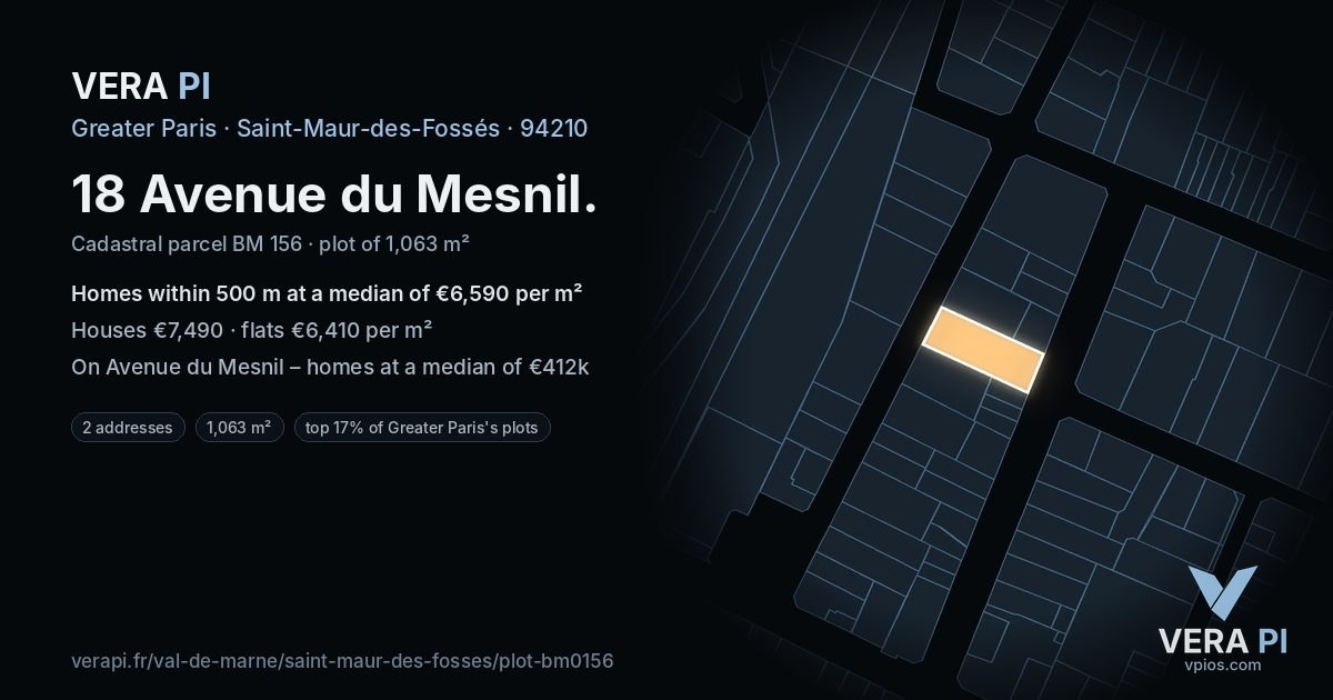 18 Avenue du Mesnil, Saint-Maur-des-Fossés at night – the plot lit, the parcels around coloured by the prices near them