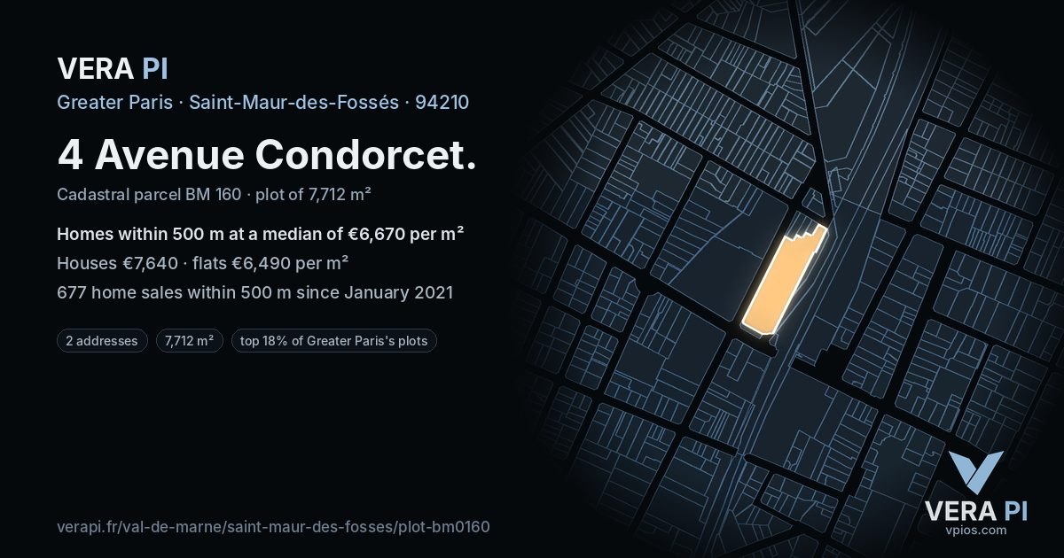 4 Avenue Condorcet, Saint-Maur-des-Fossés at night – the plot lit, the parcels around coloured by the prices near them