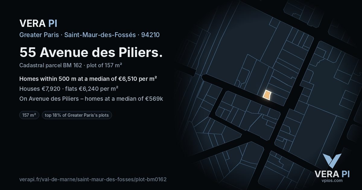 55 Avenue des Piliers, Saint-Maur-des-Fossés at night – the plot lit, the parcels around coloured by the prices near them