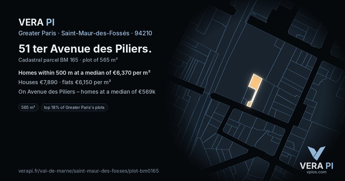 51 ter Avenue des Piliers, Saint-Maur-des-Fossés at night – the plot lit, the parcels around coloured by the prices near them