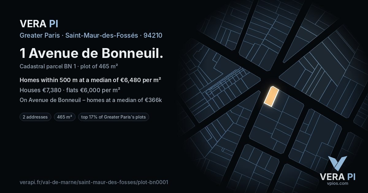 1 Avenue de Bonneuil, Saint-Maur-des-Fossés at night – the plot lit, the parcels around coloured by the prices near them