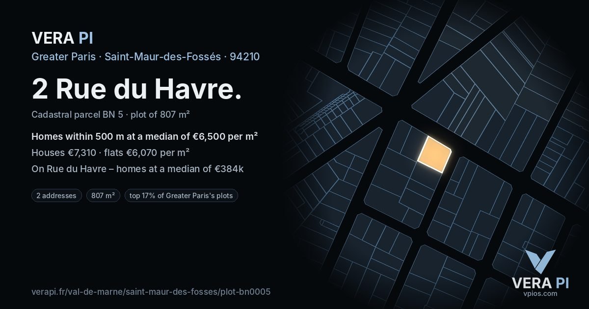 2 Rue du Havre, Saint-Maur-des-Fossés at night – the plot lit, the parcels around coloured by the prices near them
