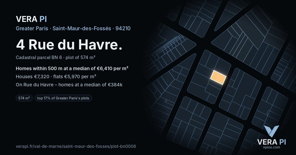 4 Rue du Havre, Saint-Maur-des-Fossés at night – the plot lit, the parcels around coloured by the prices near them