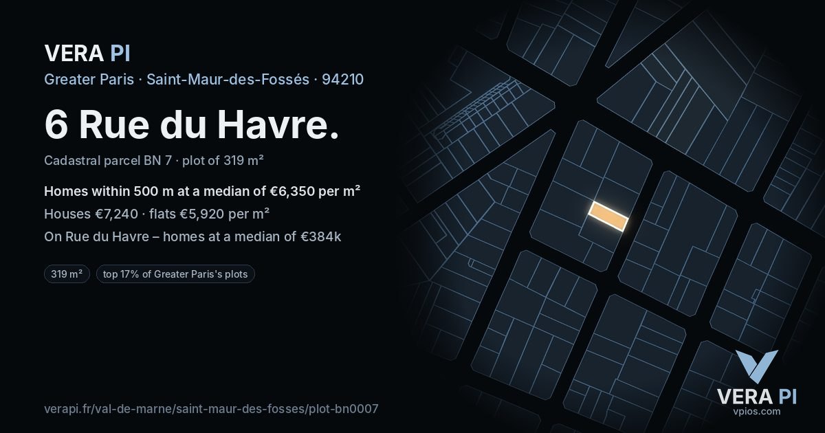 6 Rue du Havre, Saint-Maur-des-Fossés at night – the plot lit, the parcels around coloured by the prices near them