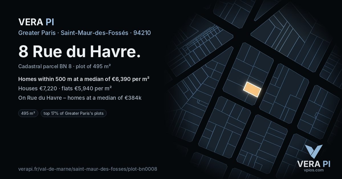 8 Rue du Havre, Saint-Maur-des-Fossés at night – the plot lit, the parcels around coloured by the prices near them