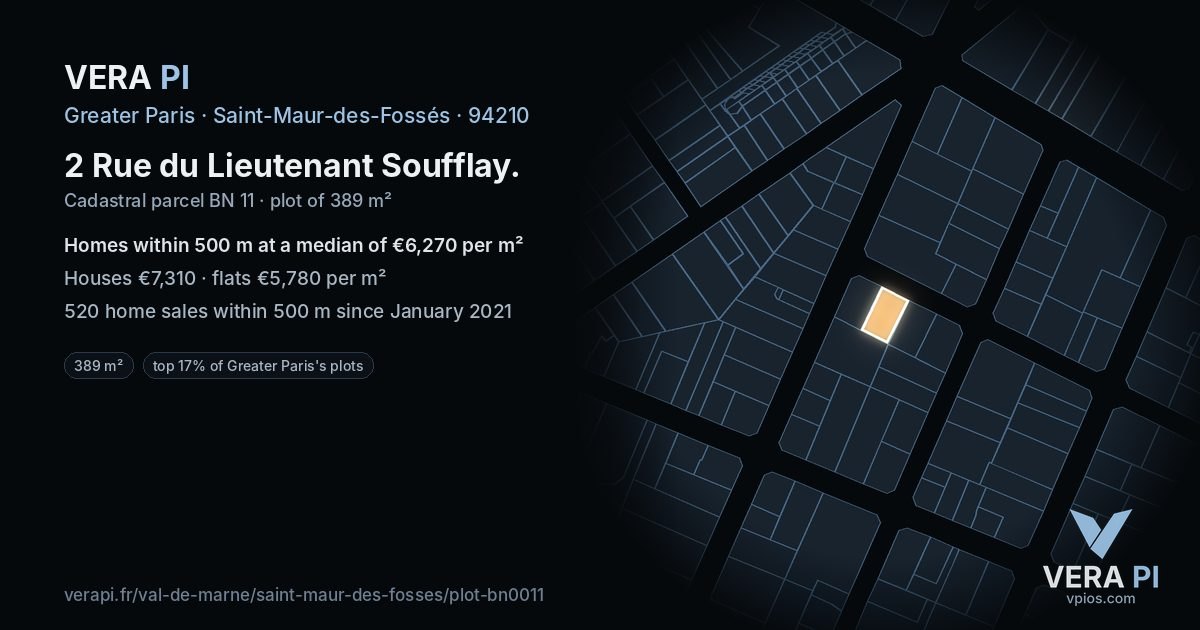 2 Rue du Lieutenant Soufflay, Saint-Maur-des-Fossés at night – the plot lit, the parcels around coloured by the prices near them