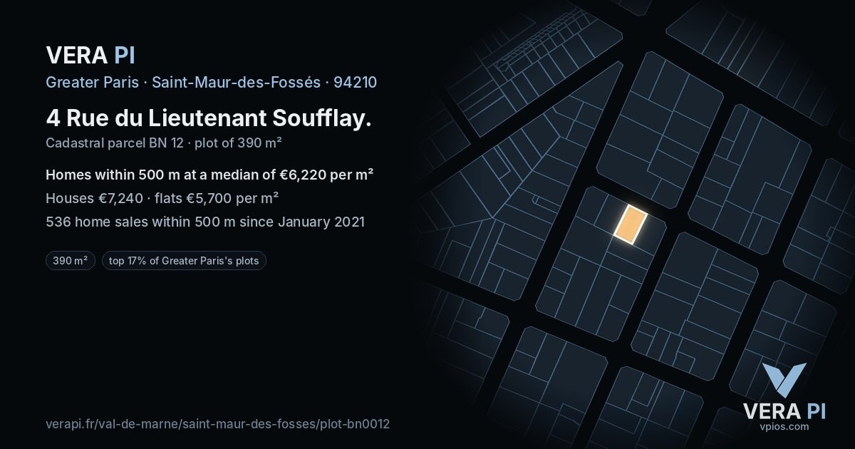 4 Rue du Lieutenant Soufflay, Saint-Maur-des-Fossés at night – the plot lit, the parcels around coloured by the prices near them