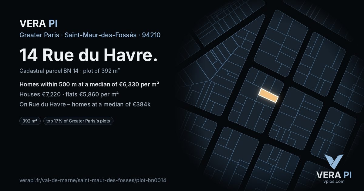 14 Rue du Havre, Saint-Maur-des-Fossés at night – the plot lit, the parcels around coloured by the prices near them