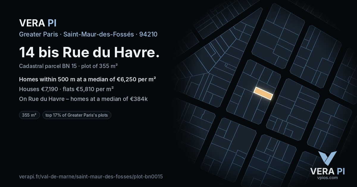 14 bis Rue du Havre, Saint-Maur-des-Fossés at night – the plot lit, the parcels around coloured by the prices near them