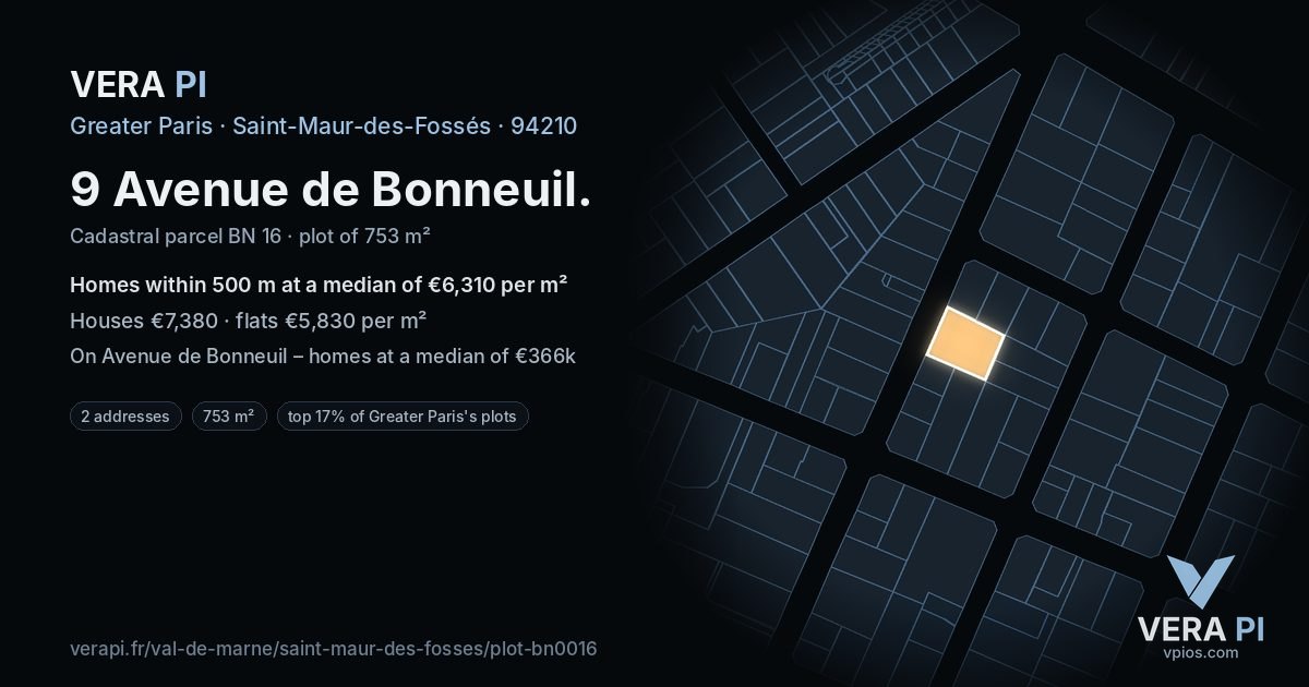 9 Avenue de Bonneuil, Saint-Maur-des-Fossés at night – the plot lit, the parcels around coloured by the prices near them