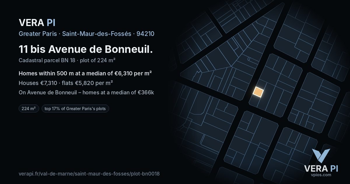 11 bis Avenue de Bonneuil, Saint-Maur-des-Fossés at night – the plot lit, the parcels around coloured by the prices near them