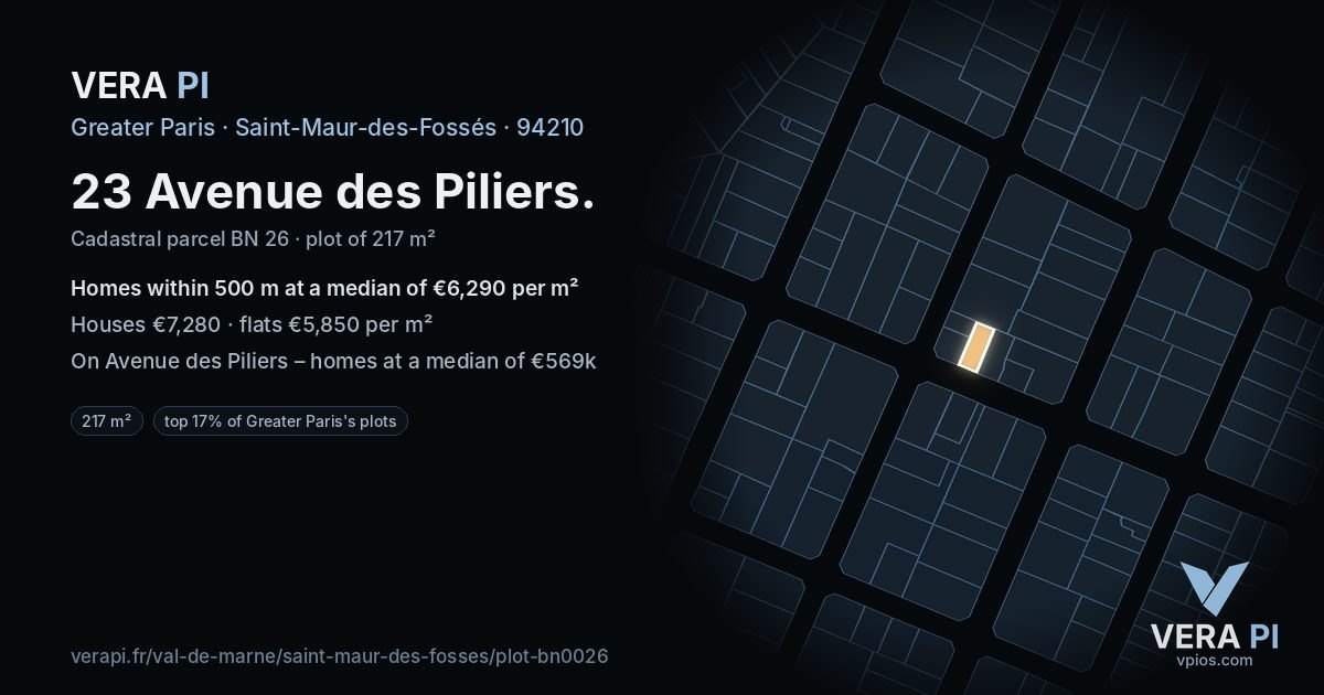 23 Avenue des Piliers, Saint-Maur-des-Fossés at night – the plot lit, the parcels around coloured by the prices near them