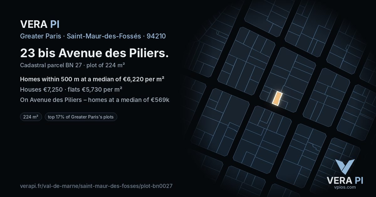23 bis Avenue des Piliers, Saint-Maur-des-Fossés at night – the plot lit, the parcels around coloured by the prices near them