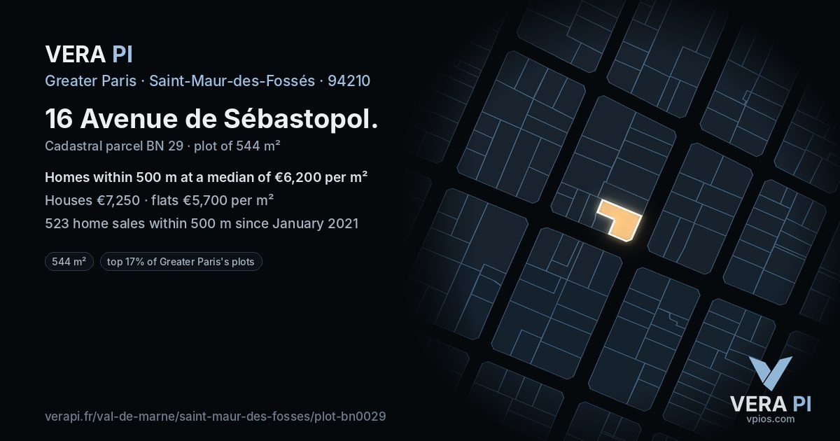 16 Avenue de Sébastopol, Saint-Maur-des-Fossés at night – the plot lit, the parcels around coloured by the prices near them
