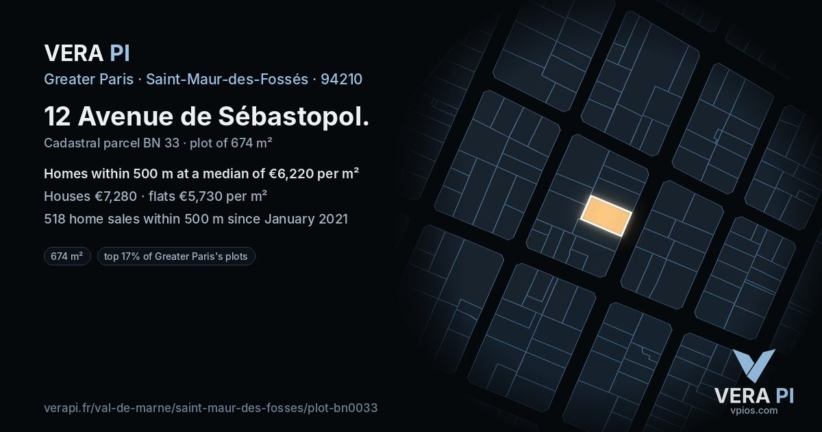 12 Avenue de Sébastopol, Saint-Maur-des-Fossés at night – the plot lit, the parcels around coloured by the prices near them