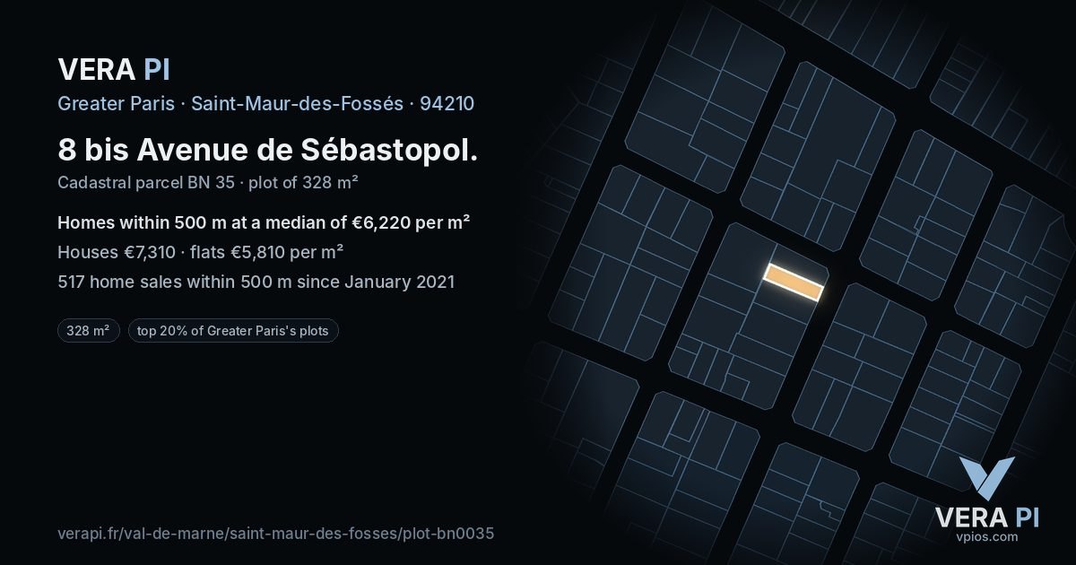 8 bis Avenue de Sébastopol, Saint-Maur-des-Fossés at night – the plot lit, the parcels around coloured by the prices near them