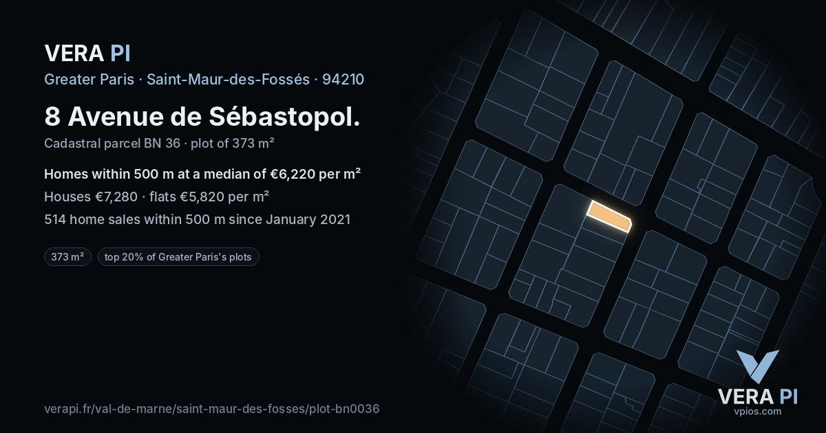 8 Avenue de Sébastopol, Saint-Maur-des-Fossés at night – the plot lit, the parcels around coloured by the prices near them