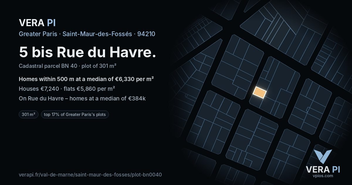 5 bis Rue du Havre, Saint-Maur-des-Fossés at night – the plot lit, the parcels around coloured by the prices near them