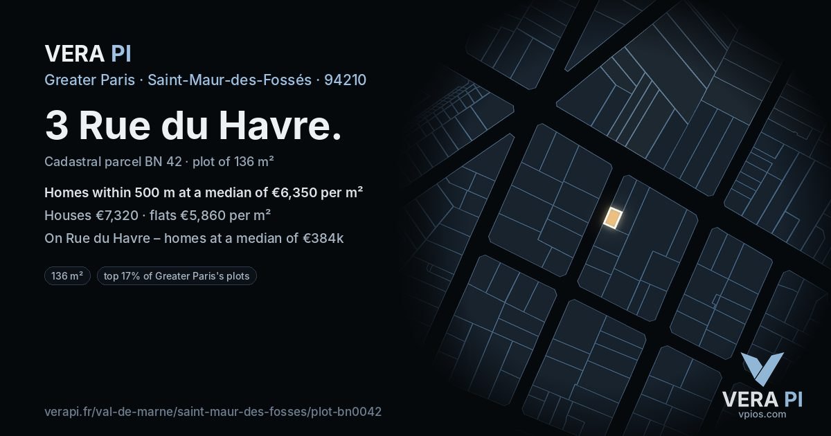 3 Rue du Havre, Saint-Maur-des-Fossés at night – the plot lit, the parcels around coloured by the prices near them