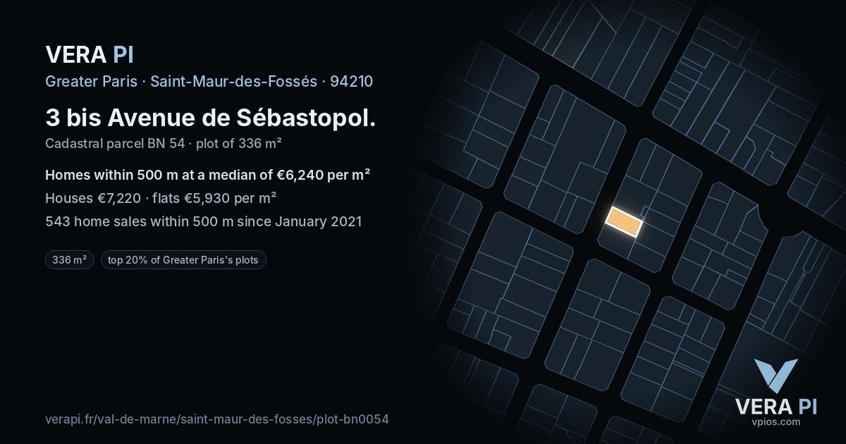 3 bis Avenue de Sébastopol, Saint-Maur-des-Fossés at night – the plot lit, the parcels around coloured by the prices near them