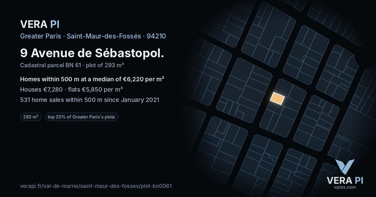 9 Avenue de Sébastopol, Saint-Maur-des-Fossés at night – the plot lit, the parcels around coloured by the prices near them