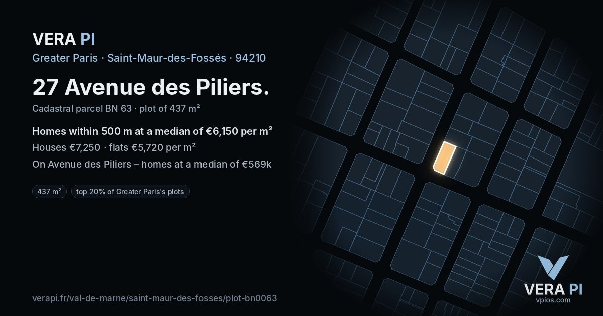 27 Avenue des Piliers, Saint-Maur-des-Fossés at night – the plot lit, the parcels around coloured by the prices near them