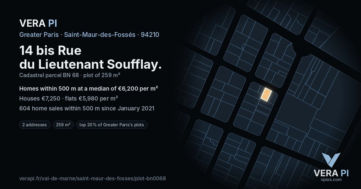 14 bis Rue du Lieutenant Soufflay, Saint-Maur-des-Fossés at night – the plot lit, the parcels around coloured by the prices near them