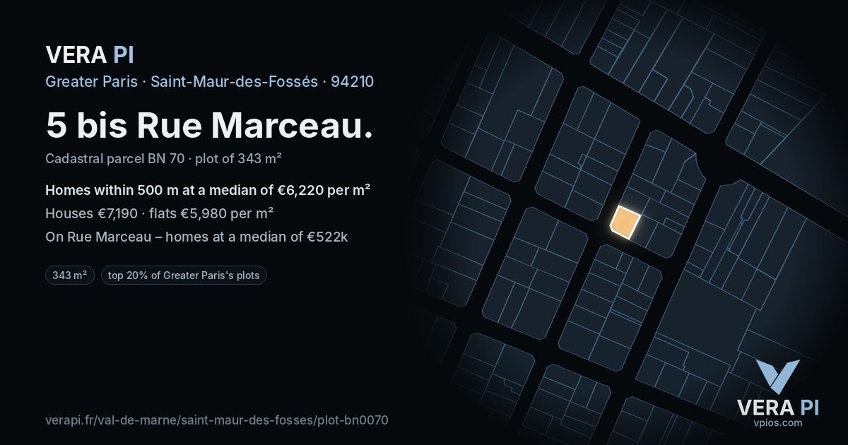 5 bis Rue Marceau, Saint-Maur-des-Fossés at night – the plot lit, the parcels around coloured by the prices near them