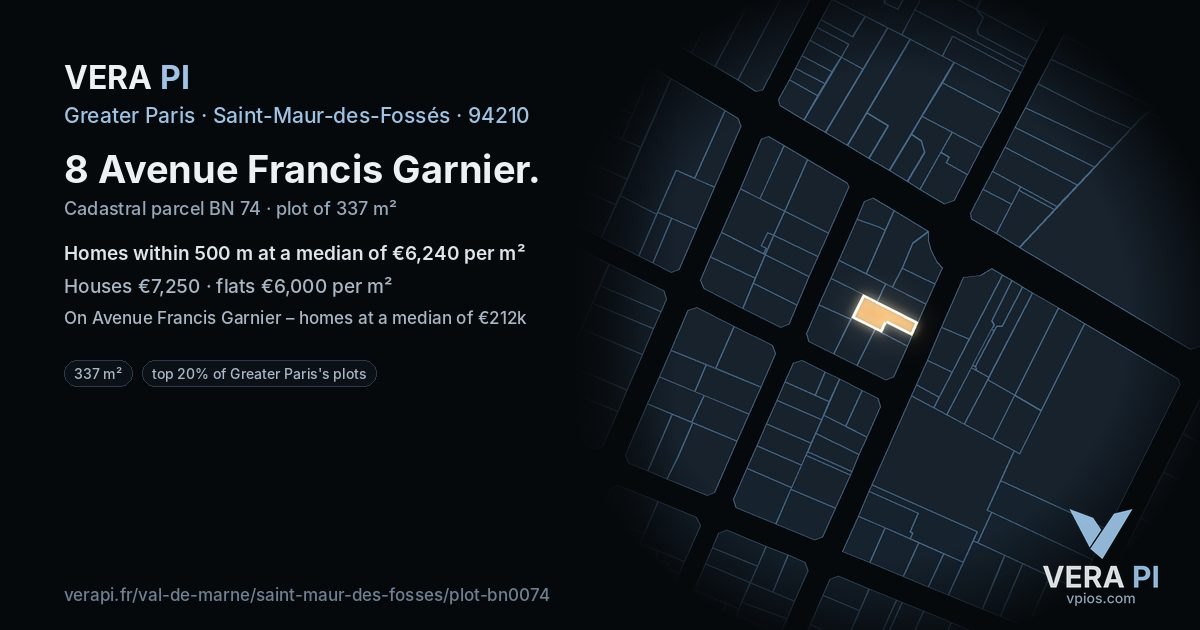 8 Avenue Francis Garnier, Saint-Maur-des-Fossés at night – the plot lit, the parcels around coloured by the prices near them