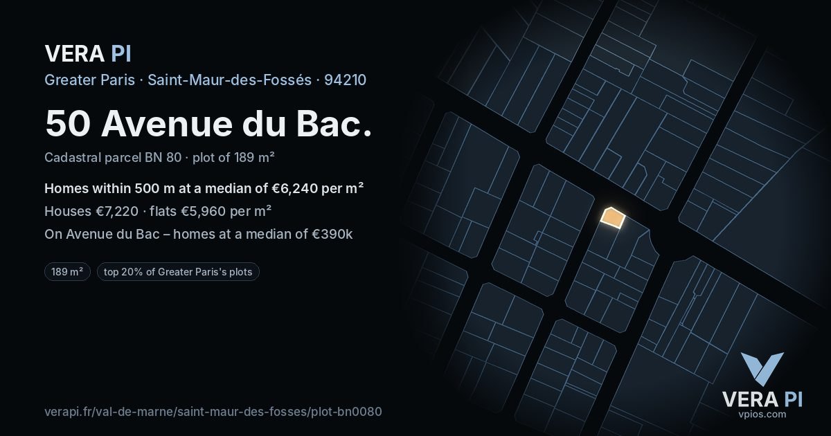 50 Avenue du Bac, Saint-Maur-des-Fossés at night – the plot lit, the parcels around coloured by the prices near them