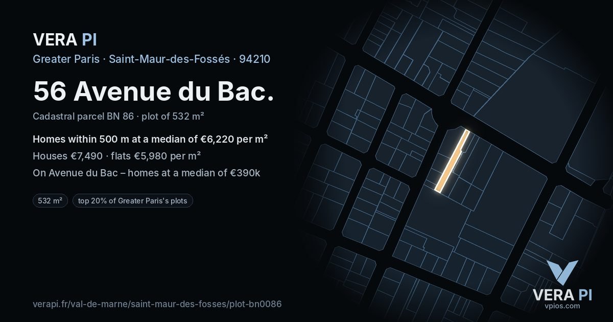 56 Avenue du Bac, Saint-Maur-des-Fossés at night – the plot lit, the parcels around coloured by the prices near them