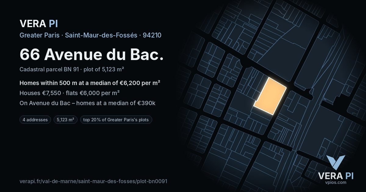 66 Avenue du Bac, Saint-Maur-des-Fossés at night – the plot lit, the parcels around coloured by the prices near them