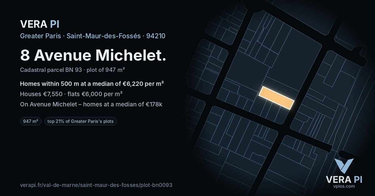 8 Avenue Michelet, Saint-Maur-des-Fossés at night – the plot lit, the parcels around coloured by the prices near them