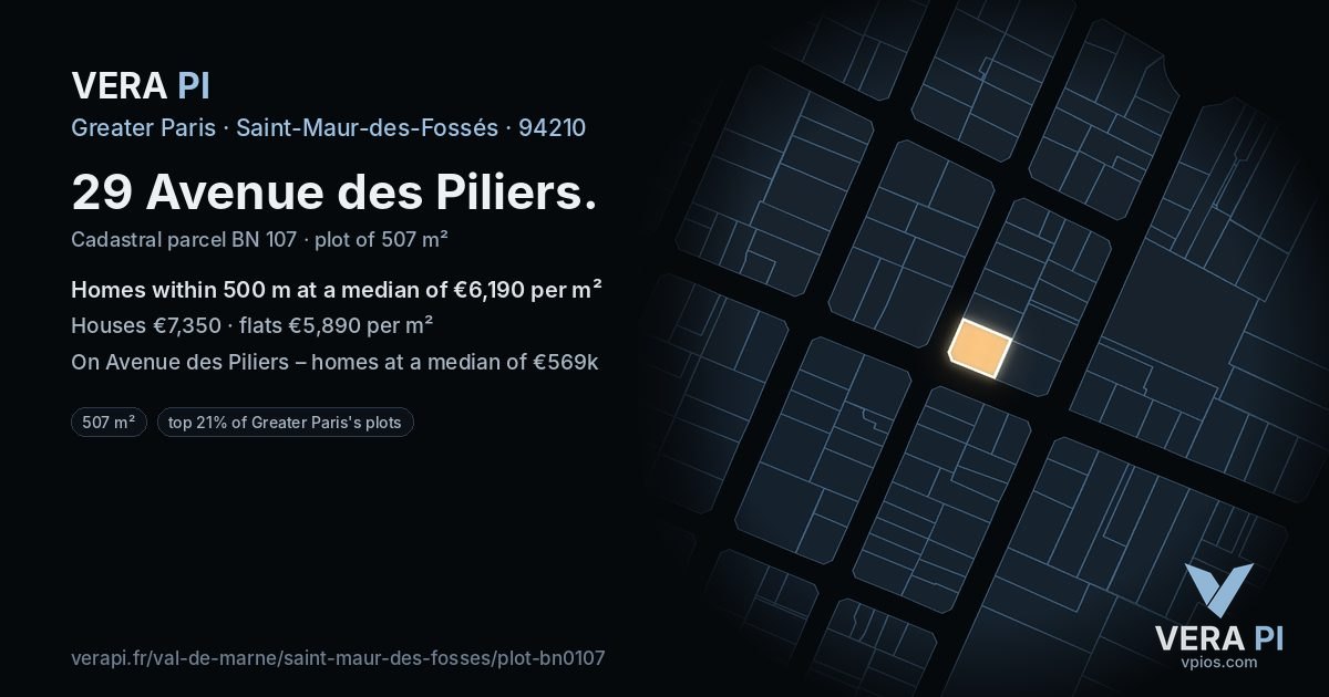 29 Avenue des Piliers, Saint-Maur-des-Fossés at night – the plot lit, the parcels around coloured by the prices near them