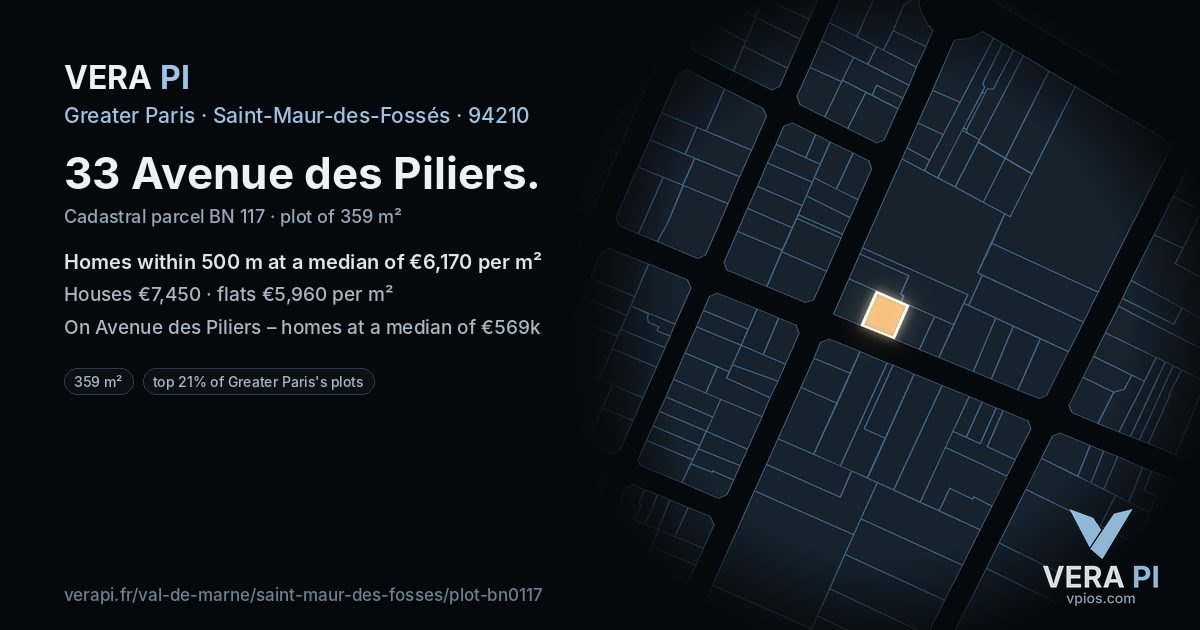 33 Avenue des Piliers, Saint-Maur-des-Fossés at night – the plot lit, the parcels around coloured by the prices near them