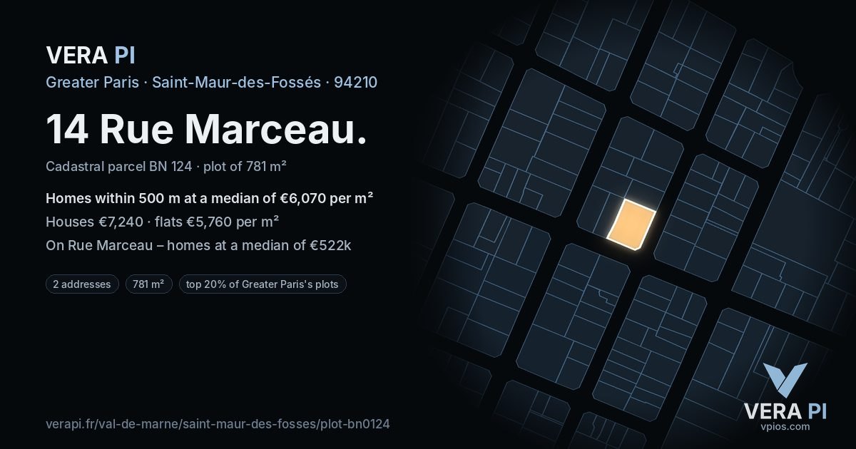 14 Rue Marceau, Saint-Maur-des-Fossés at night – the plot lit, the parcels around coloured by the prices near them