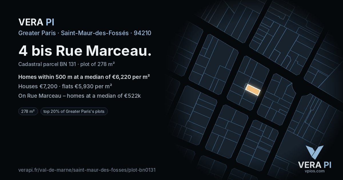 4 bis Rue Marceau, Saint-Maur-des-Fossés at night – the plot lit, the parcels around coloured by the prices near them