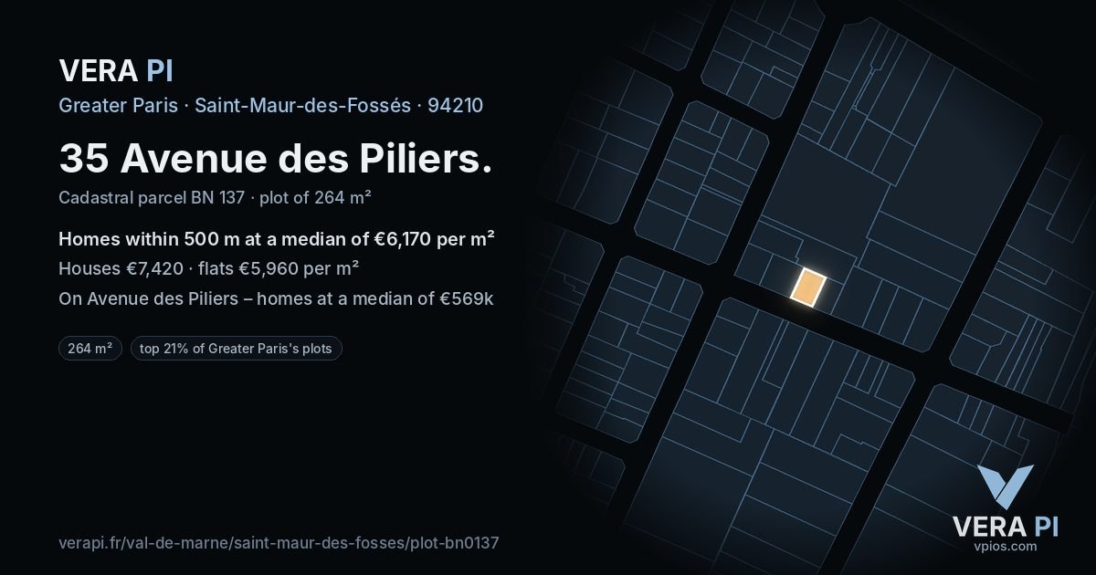 35 Avenue des Piliers, Saint-Maur-des-Fossés at night – the plot lit, the parcels around coloured by the prices near them