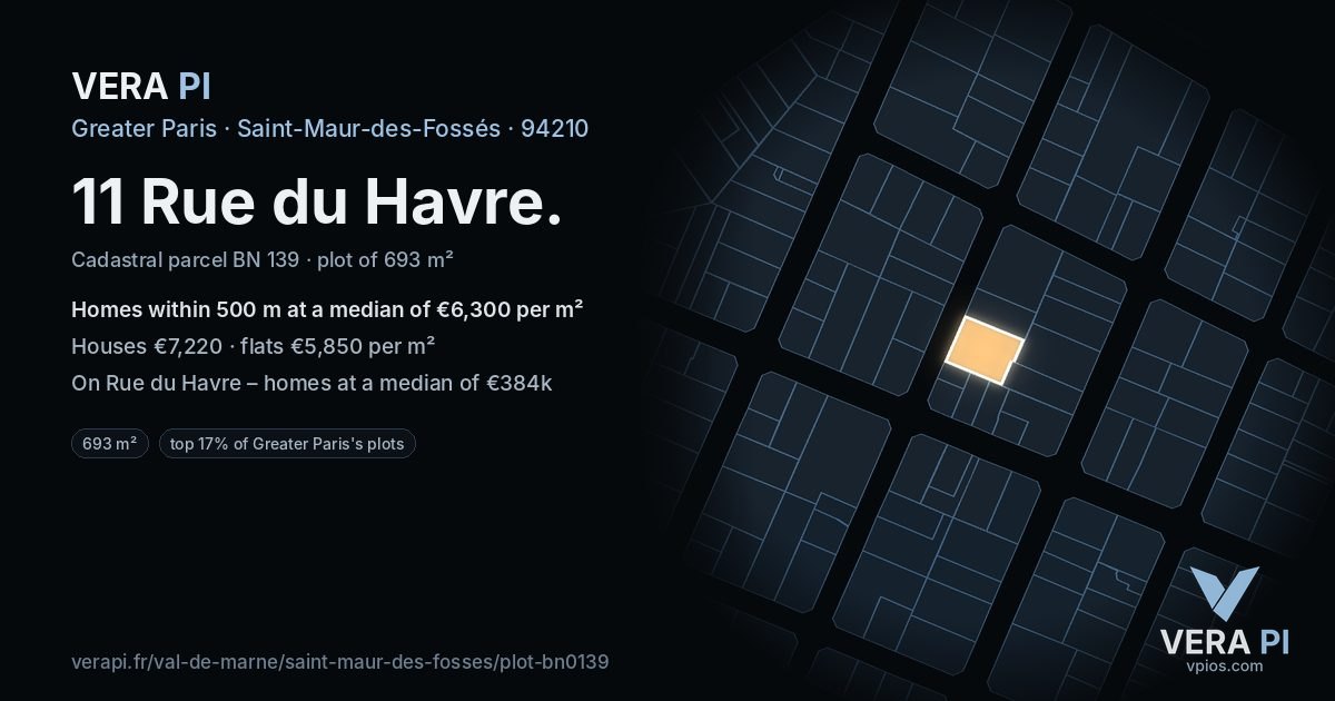 11 Rue du Havre, Saint-Maur-des-Fossés at night – the plot lit, the parcels around coloured by the prices near them