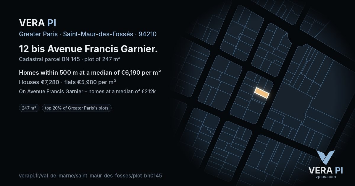12 bis Avenue Francis Garnier, Saint-Maur-des-Fossés at night – the plot lit, the parcels around coloured by the prices near them