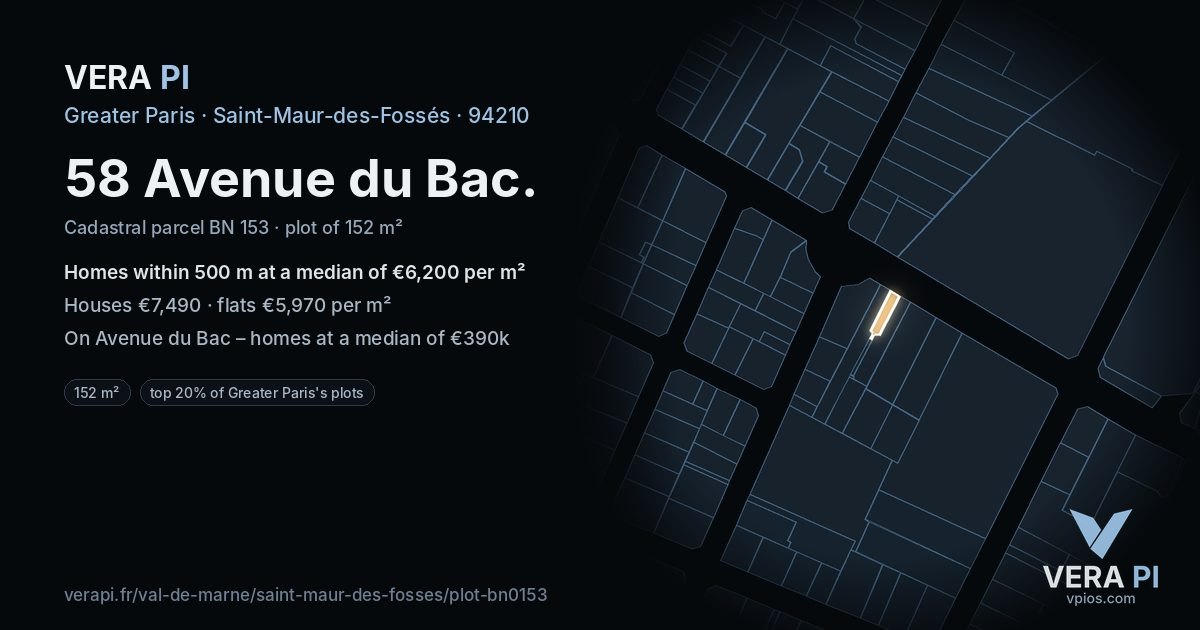 58 Avenue du Bac, Saint-Maur-des-Fossés at night – the plot lit, the parcels around coloured by the prices near them