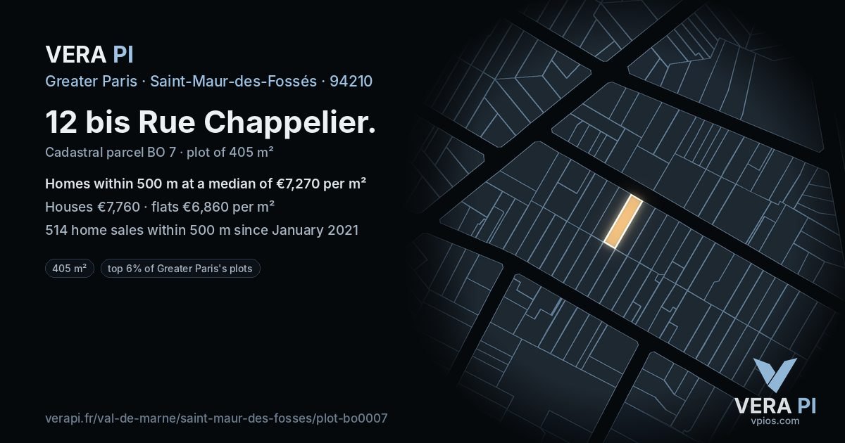 12 bis Rue Chappelier, Saint-Maur-des-Fossés at night – the plot lit, the parcels around coloured by the prices near them