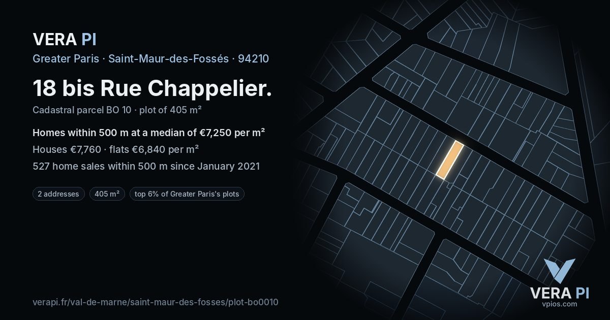 18 bis Rue Chappelier, Saint-Maur-des-Fossés at night – the plot lit, the parcels around coloured by the prices near them