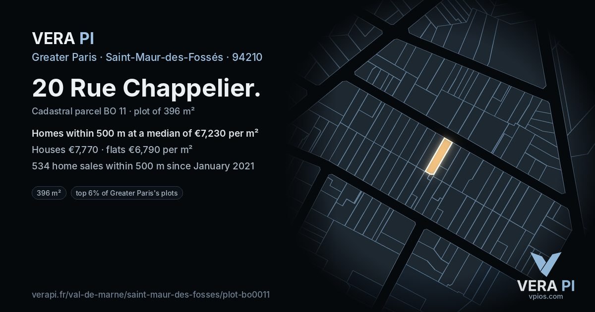 20 Rue Chappelier, Saint-Maur-des-Fossés at night – the plot lit, the parcels around coloured by the prices near them