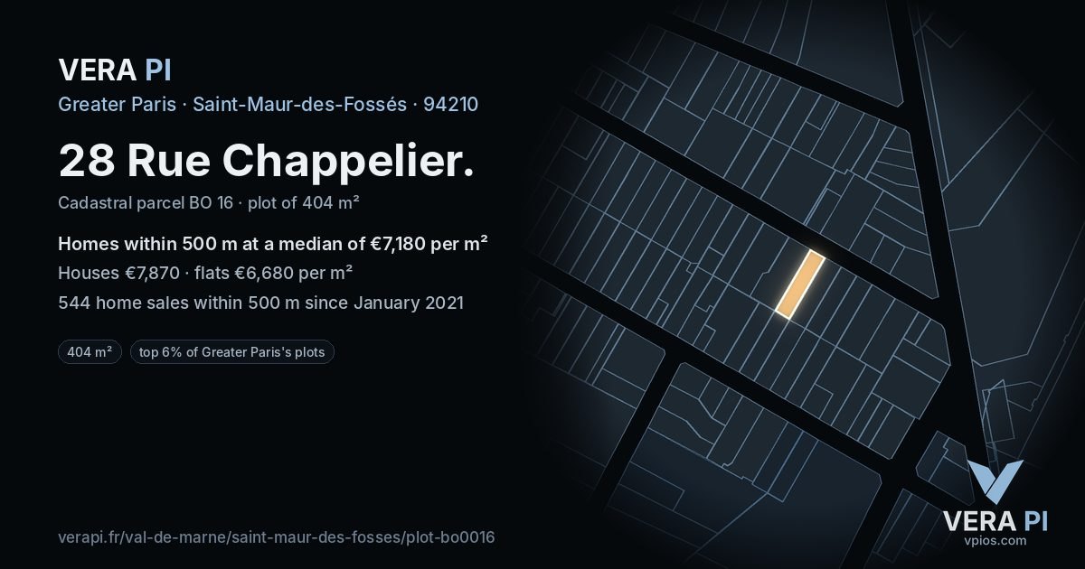 28 Rue Chappelier, Saint-Maur-des-Fossés at night – the plot lit, the parcels around coloured by the prices near them