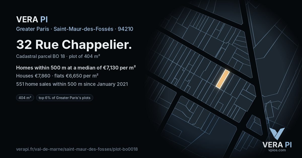 32 Rue Chappelier, Saint-Maur-des-Fossés at night – the plot lit, the parcels around coloured by the prices near them