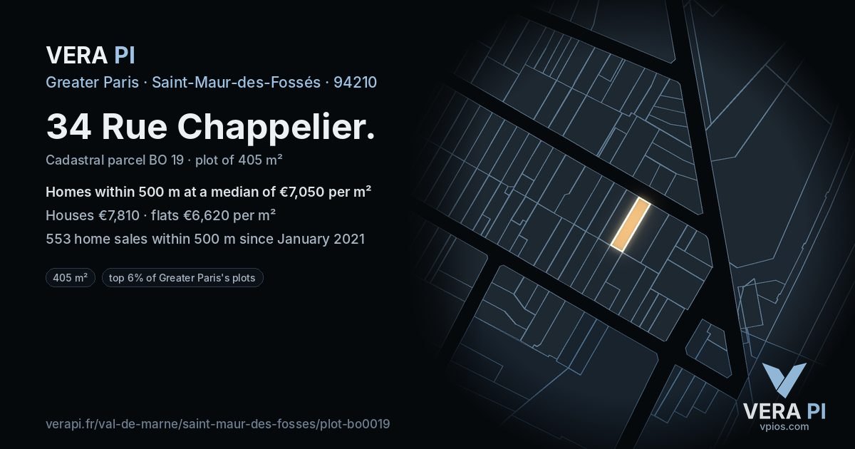 34 Rue Chappelier, Saint-Maur-des-Fossés at night – the plot lit, the parcels around coloured by the prices near them