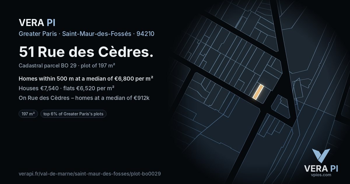 51 Rue des Cèdres, Saint-Maur-des-Fossés at night – the plot lit, the parcels around coloured by the prices near them